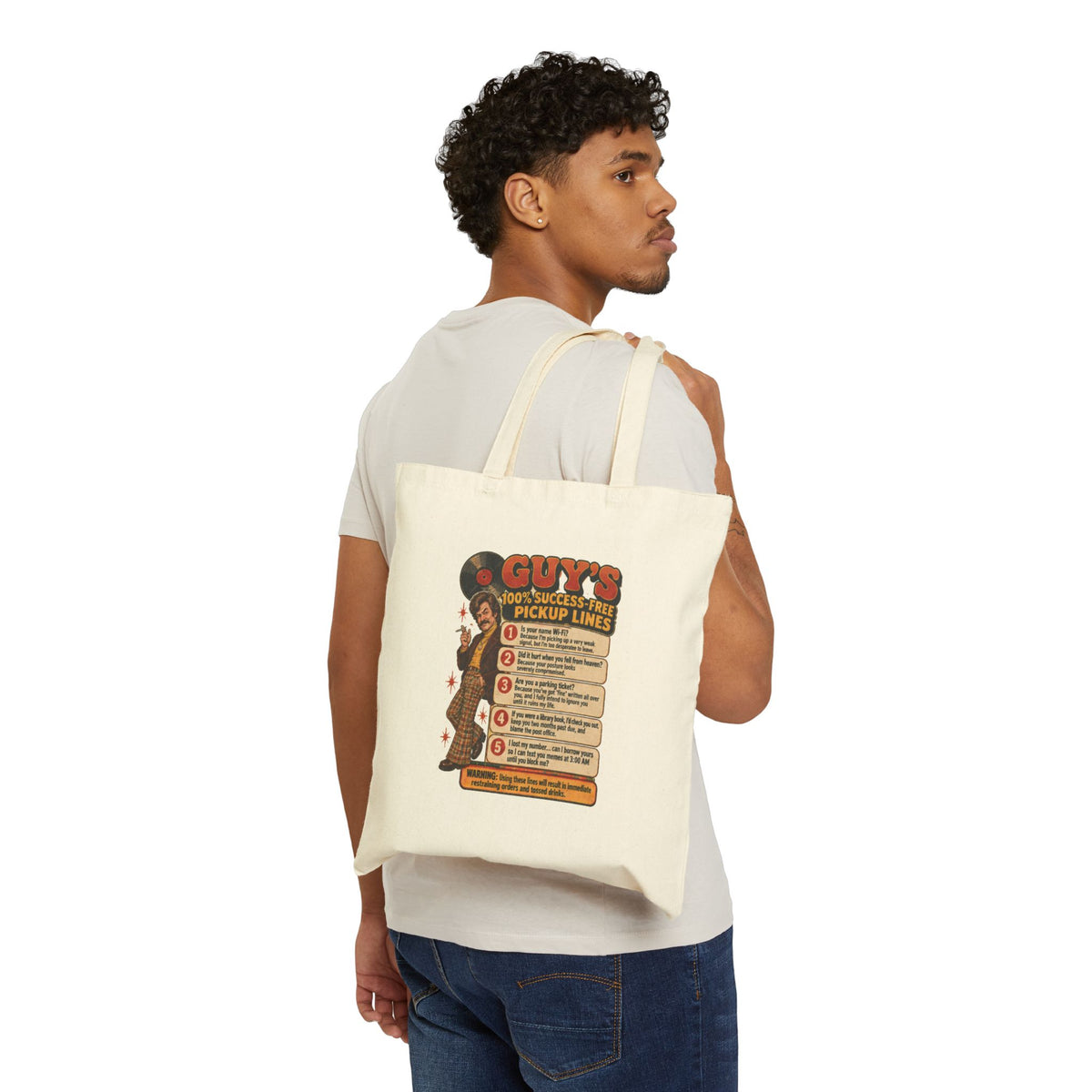 Model carrying retro canvas tote bag with funny pickup lines design