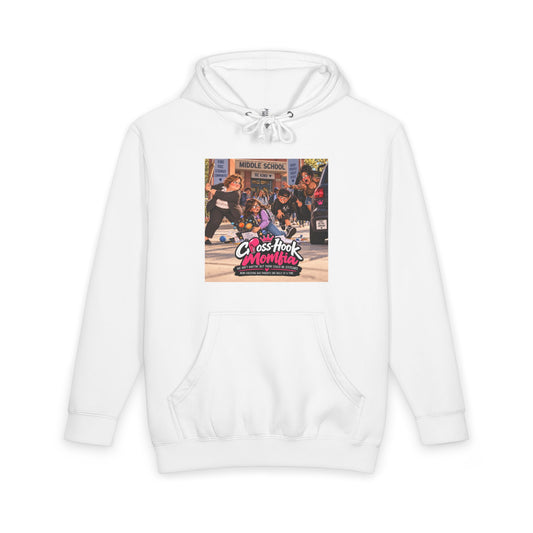White hoodie with Cross-Hook Momfia Science Project graphic