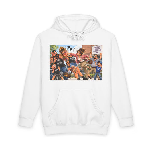 White hoodie with Cross-Hook Momfia anti-bully cartoon graphic on front