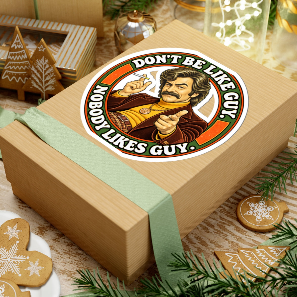Oversized sticker on gift box amid Christmas decorations