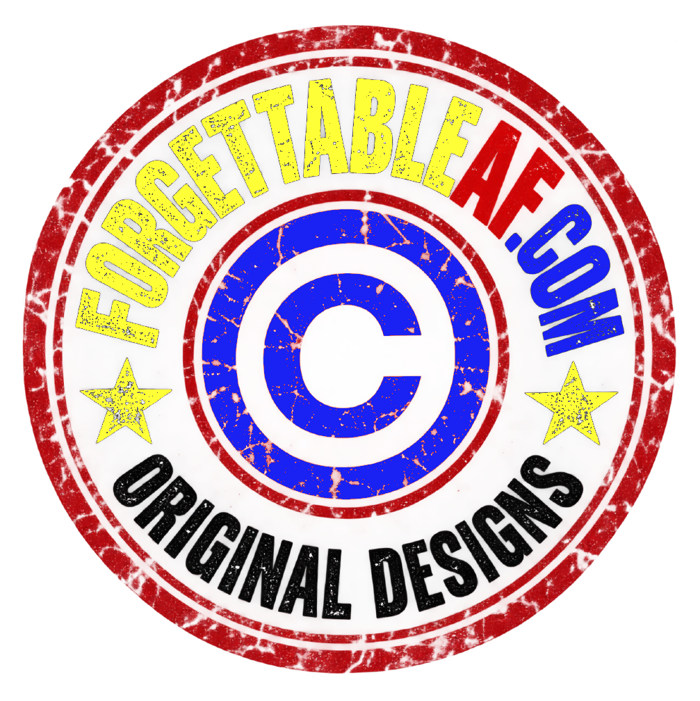ForgettableAF.com Original Designs round logo with distressed effect and yellow, blue, and red colors