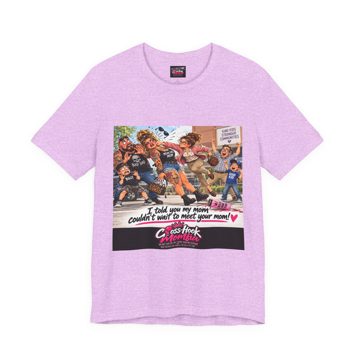 Lavender t-shirt with bold cartoon anti-bully graphic and Cross-Hook Momfia logo on front.