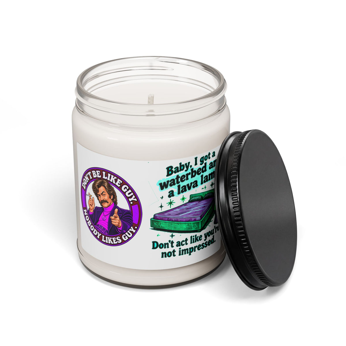 Detailed view of the home fragrance candle's playful, permanent label