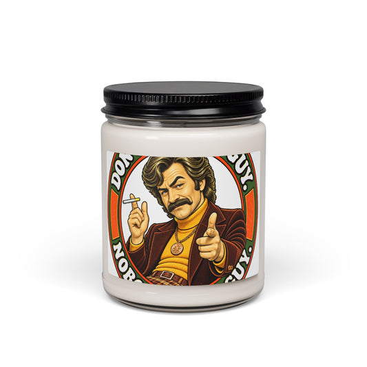 9oz soy candle with retro charmer man in brown suit and yellow turtleneck pointing