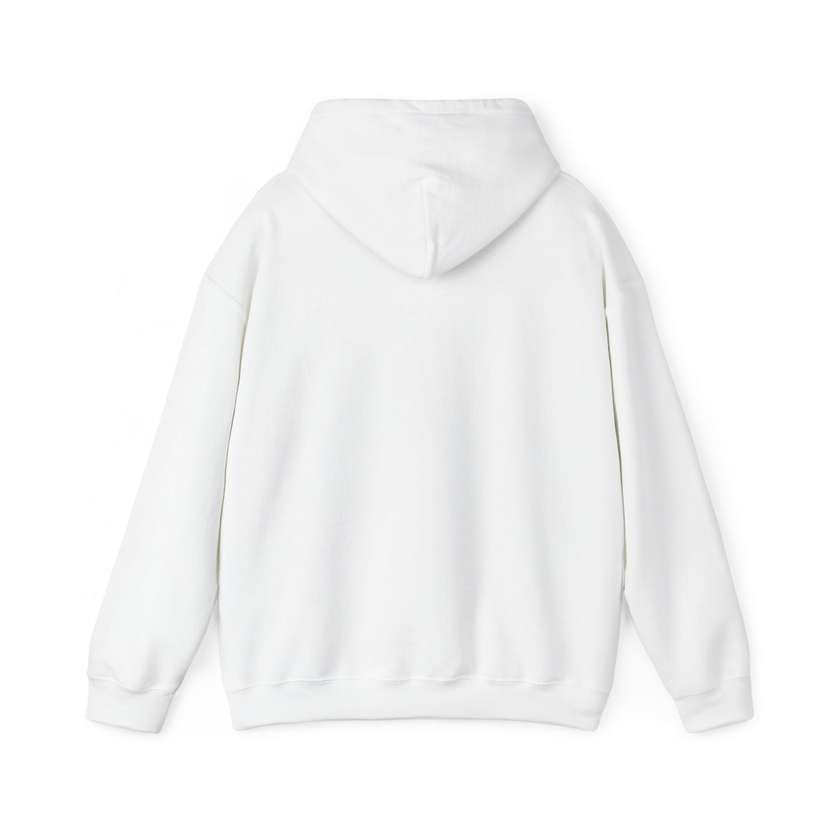 Back view of plain white hoodie showing hood and sleeves
