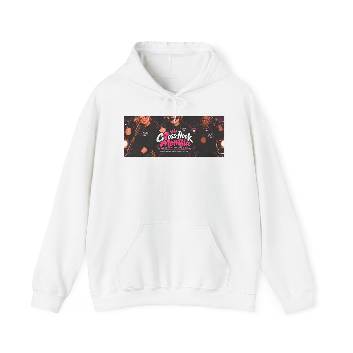 White hoodie with Cross-Hook Momfia floral band graphic on front