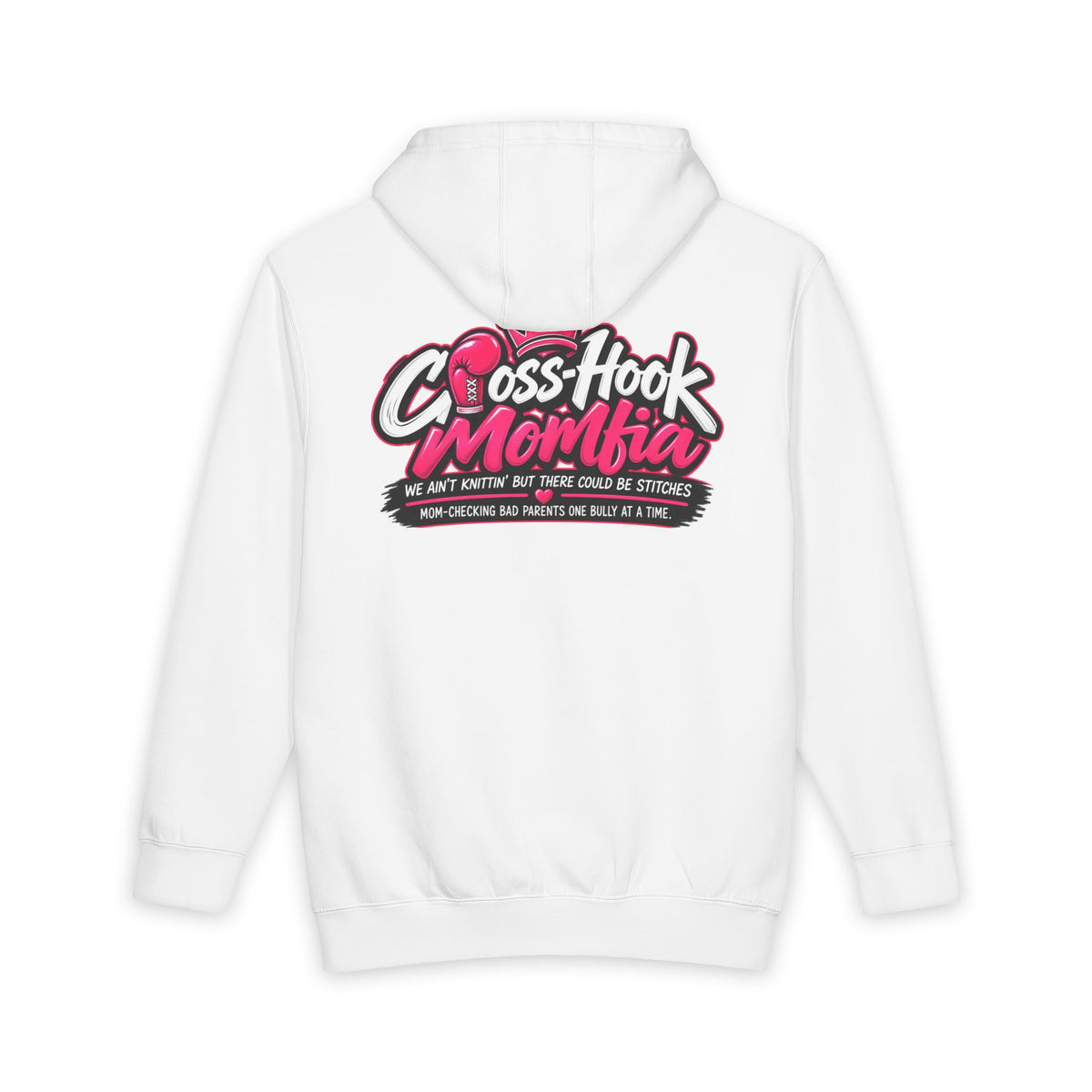 Back of white hoodie with large Cross-Hook Momfia graphic and slogan in pink and black