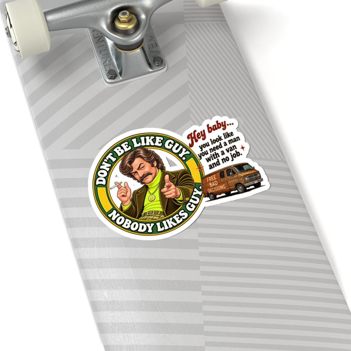Funny vinyl sticker applied to skateboard, 'Free Bad Decisions' van design