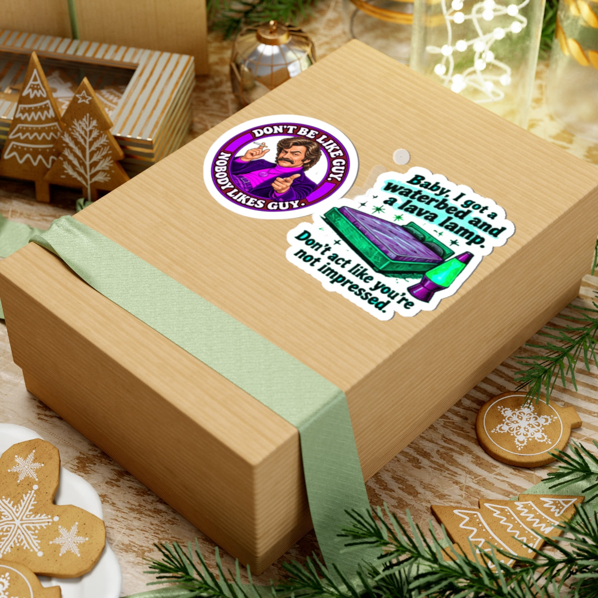 Decorated gift box with retro stickers, highlighting their fun and eye-catching appeal for presents.