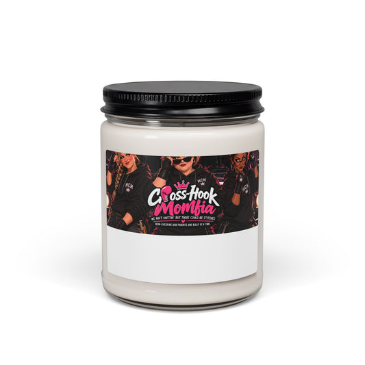 Cross-Hook Momfia 9oz scented soy candle jar with bold graphic label and black lid