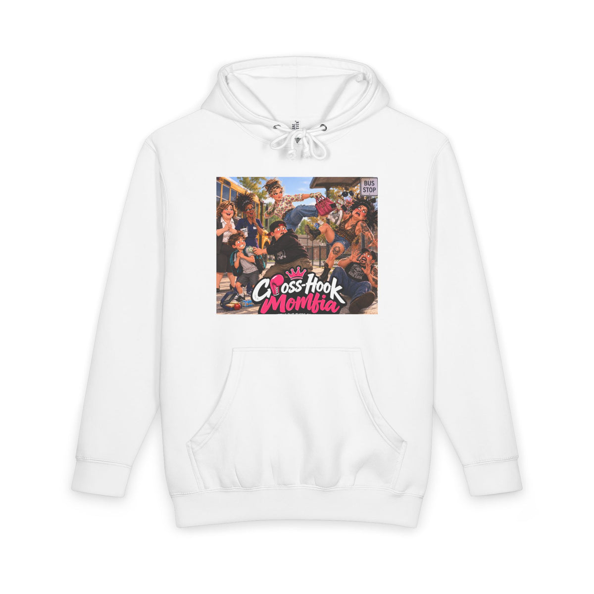 White hoodie with Cross-Hook Momfia cartoon anti-bullying graphic front