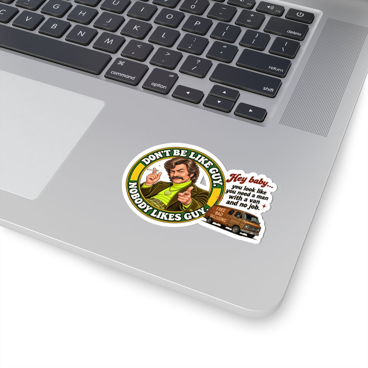 Sticker on laptop with 70s-style man and van, humorous warning text