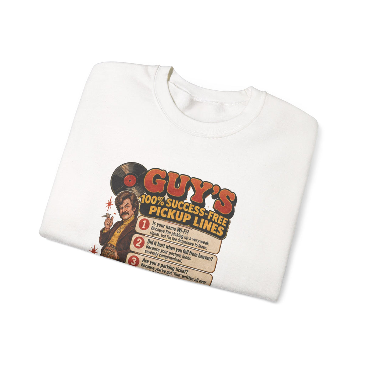 White crewneck sweatshirt with pickup lines graphic folded neatly