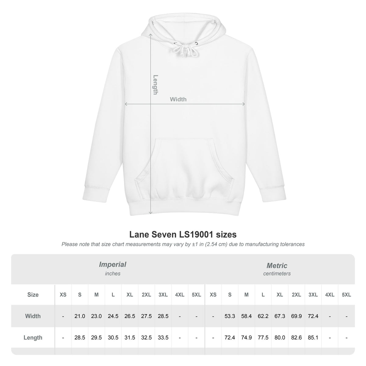 White hoodie with size chart and measurement guide
