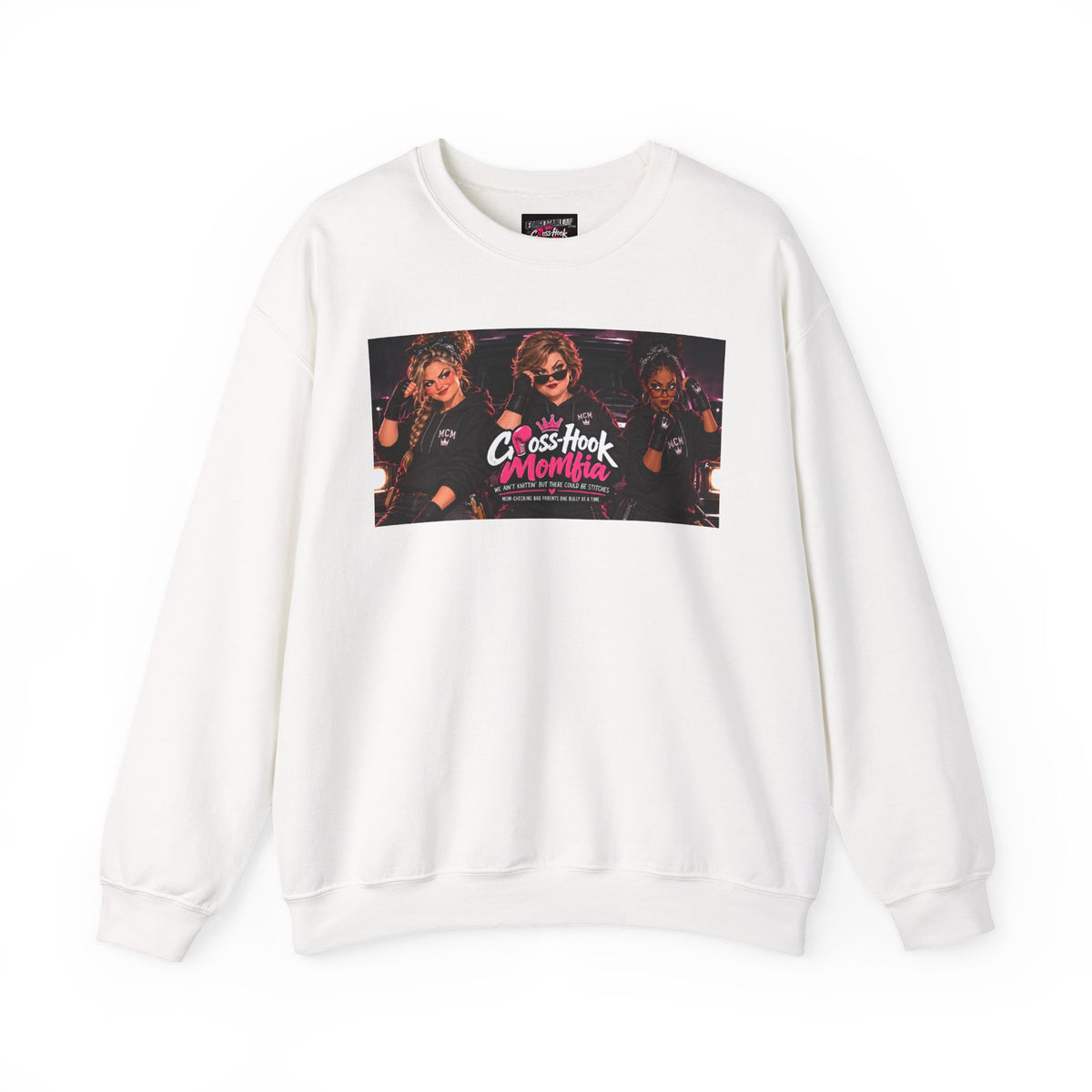 White crewneck sweatshirt with Cross-Hook Momfia retro graphic on front