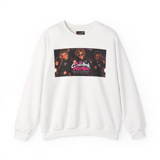 White crewneck sweatshirt with Cross-Hook Momfia retro graphic on front