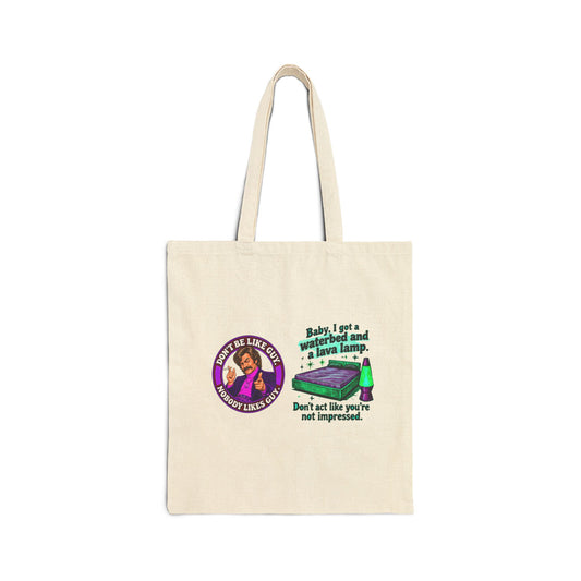 Natural canvas tote bag with retro cat and lamp graphic, Don't act like you're not impressed quote