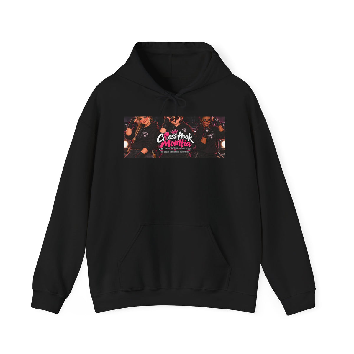 Black hoodie with Cross-Hook Momfia floral band graphic on front
