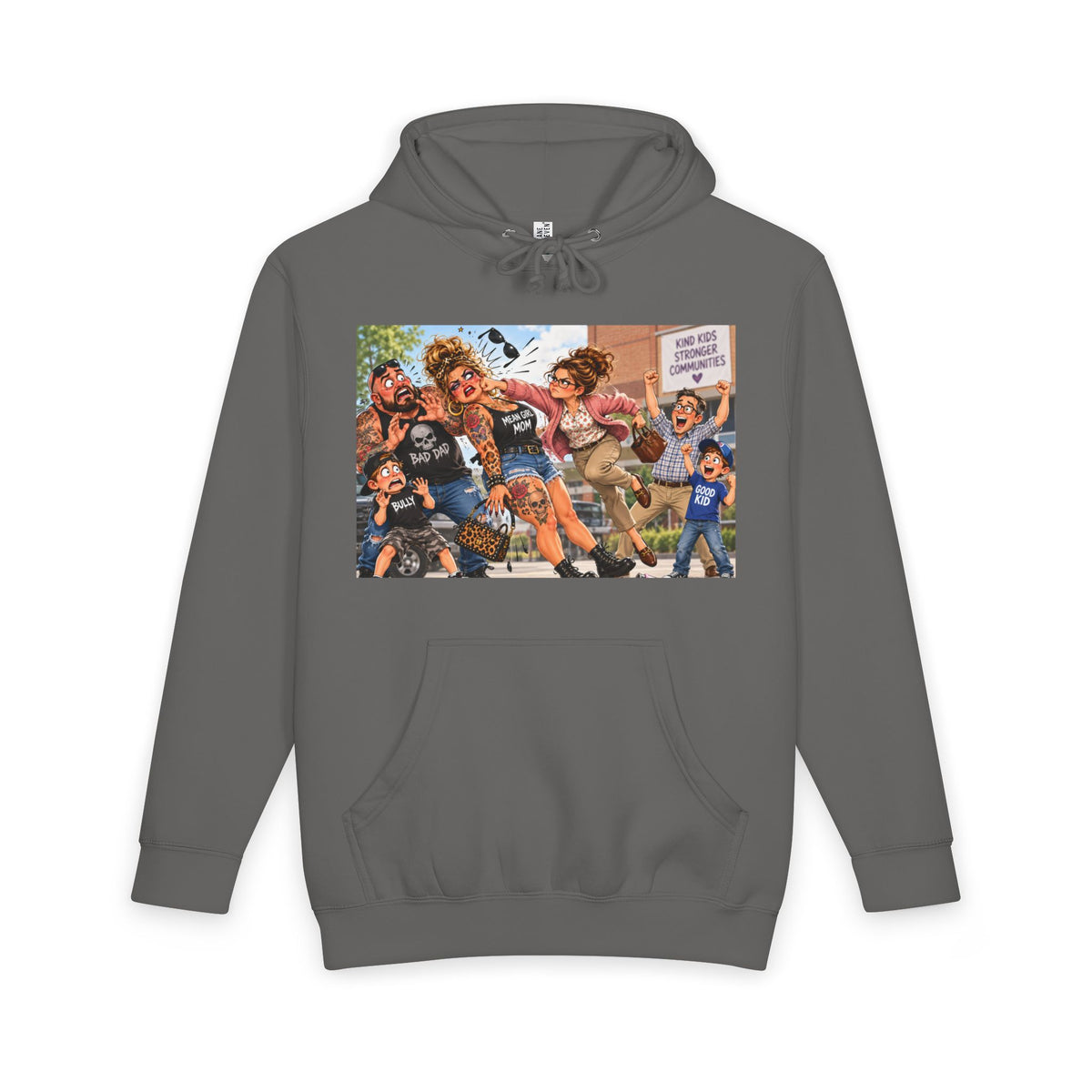 Charcoal hoodie with Cross-Hook Momfia anti-bully cartoon graphic on front