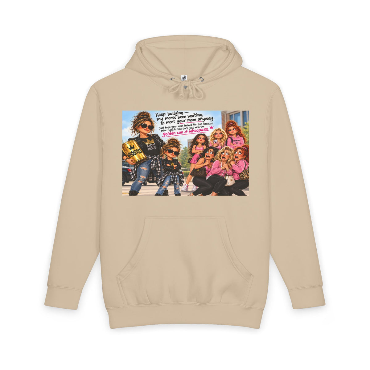 Beige hoodie with statement mom squad image and large front print