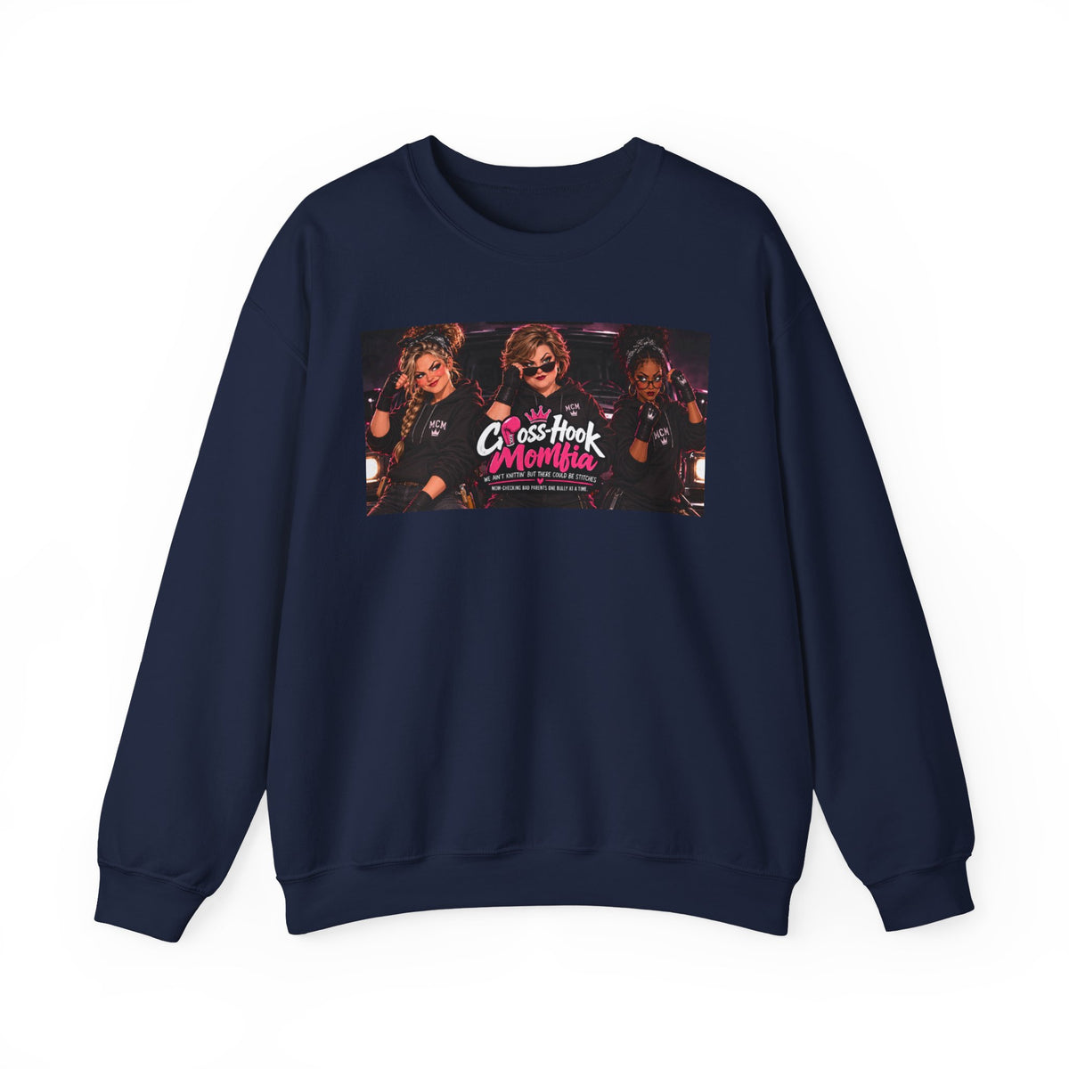 Navy blue crewneck sweatshirt with Cross-Hook Momfia graphic