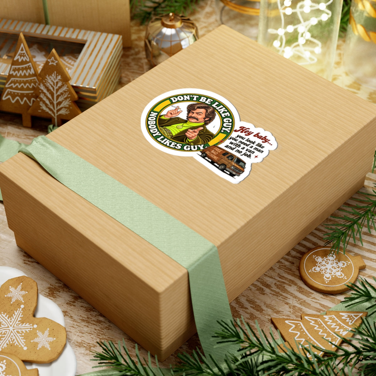 Humorous sticker on gift box with 70s-inspired design and brown van