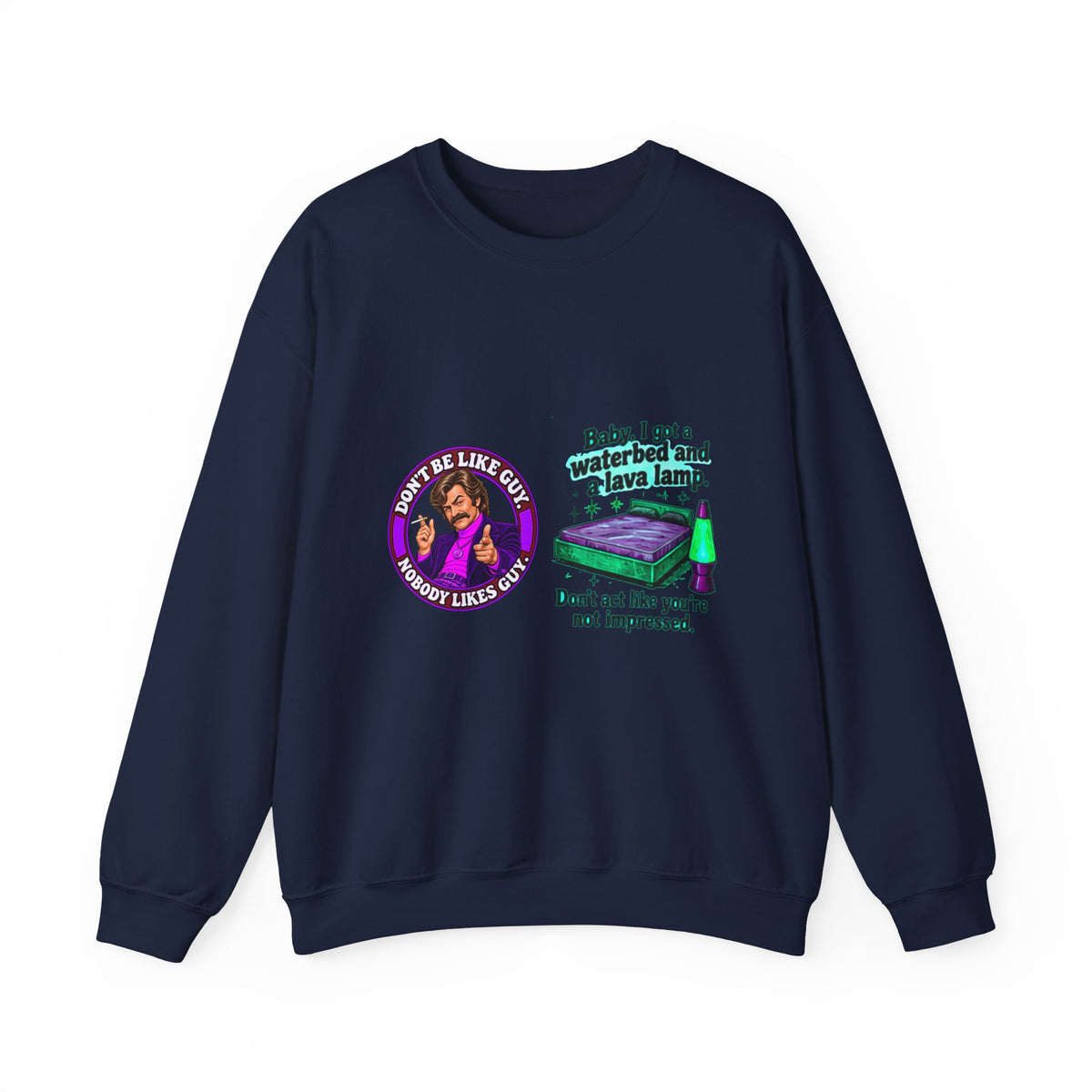 Navy blue crewneck sweatshirt with retro waterbed and lava lamp graphic