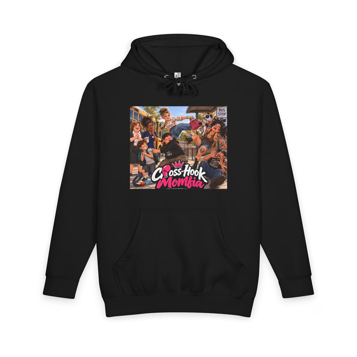 Black hoodie with Cross-Hook Momfia cartoon anti-bullying graphic front