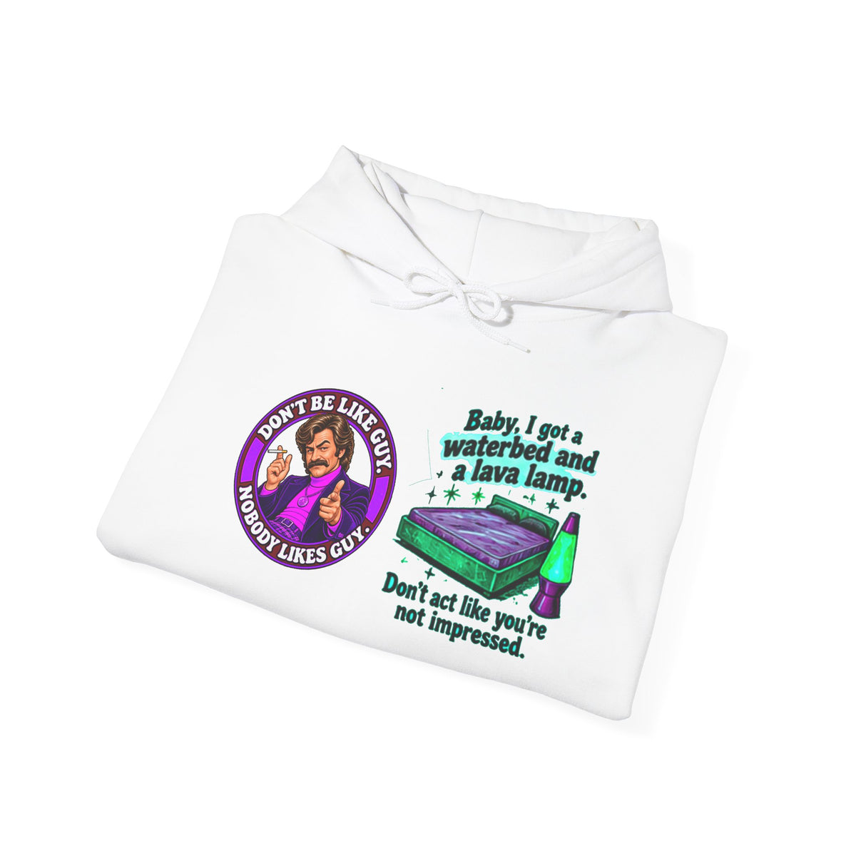 White hoodie folded to show front graphic and bold retro illustration