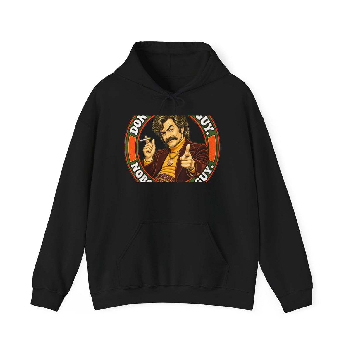 Black hoodie with retro 'Don't Worry, Buy' graphic of confident mustachioed man