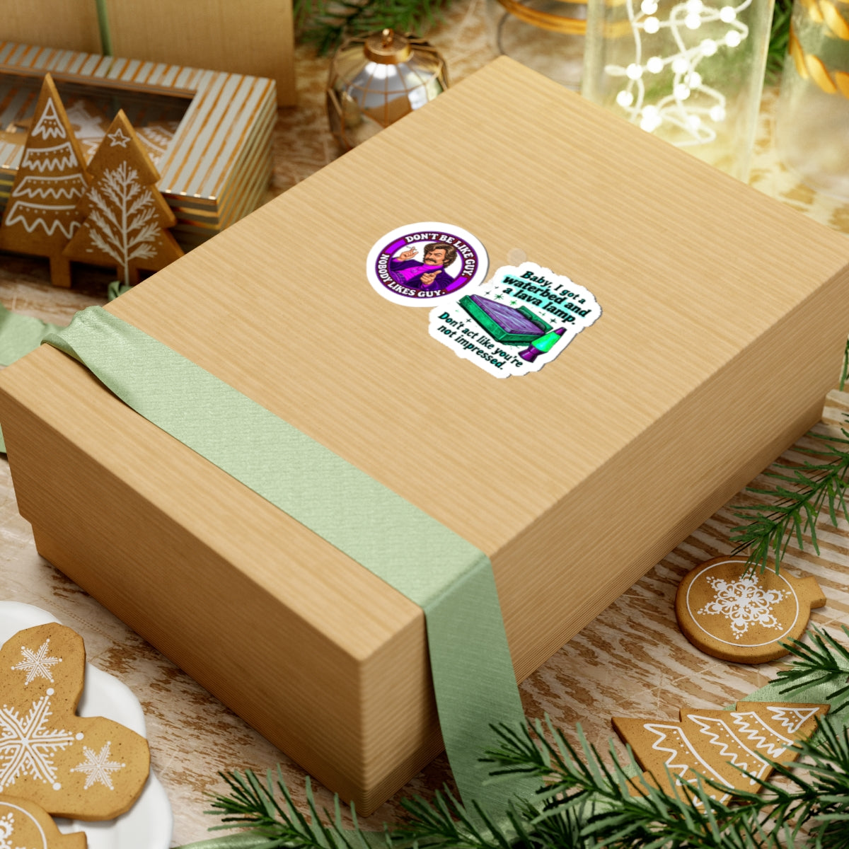 Sticker pack placed on a gift box, infusing presents with 70s-inspired comedic style.