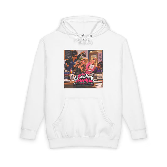 White hoodie with bold Cross-Hook Momfia comic graphic on front