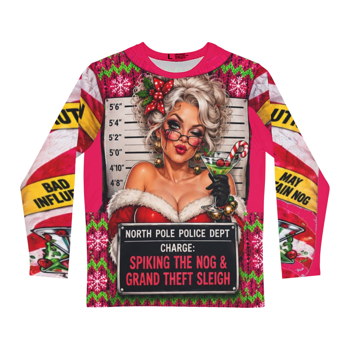 Front view of Christmas tee with colorful Mrs. Claus mugshot and playful holiday graphics