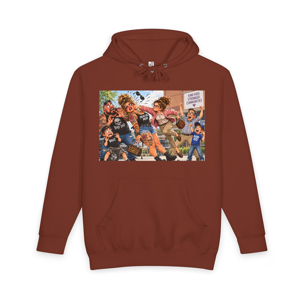 Rust hoodie with Cross-Hook Momfia anti-bully cartoon graphic on front