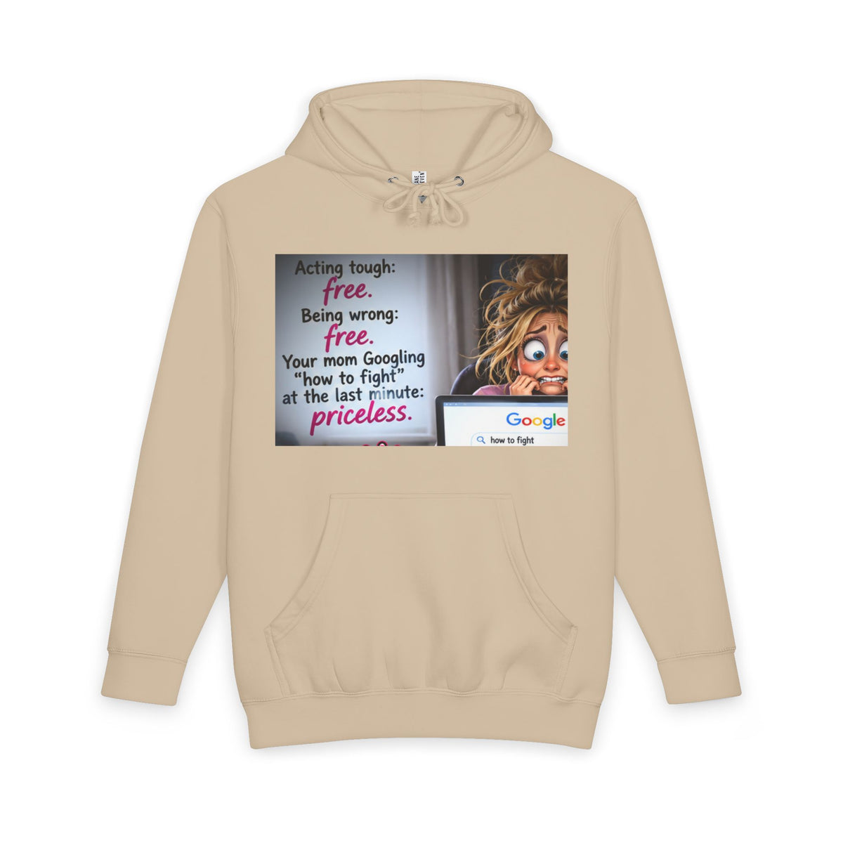 Beige hoodie featuring the illustrated Googling mom design and playful text