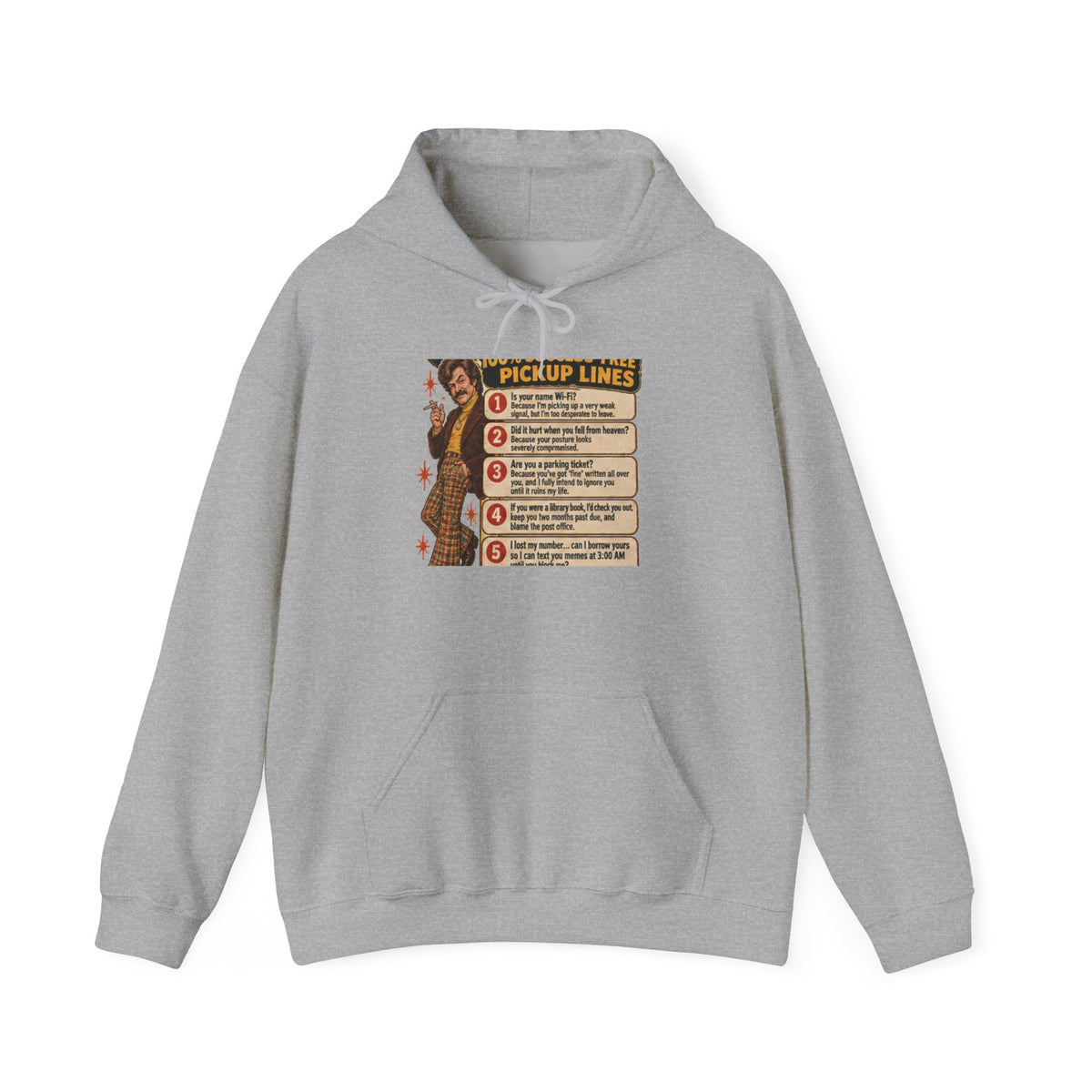 Grey hoodie with retro pickup lines graphic on front