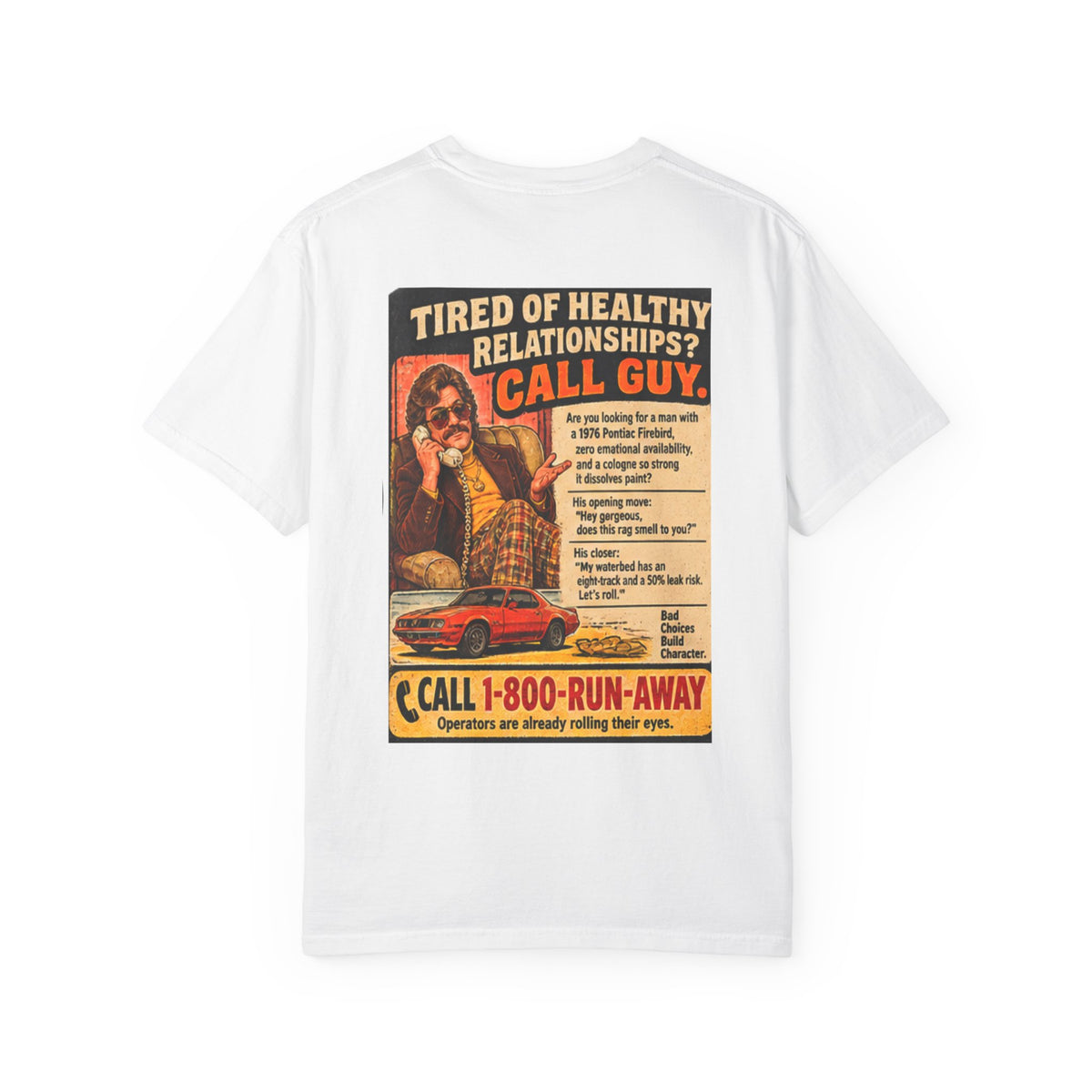 White t-shirt back showing fake classified ad graphic with retro man, car, and humor text