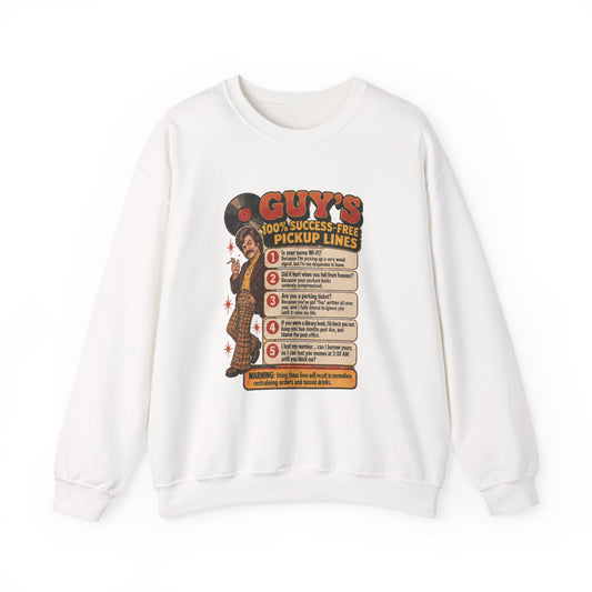 White crewneck sweatshirt with vintage 70s pickup lines graphic on front