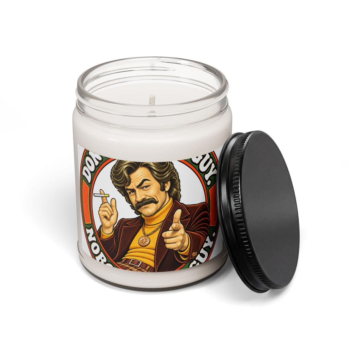 Soy candle with the lid off showing wick, label has retro charmer man in brown suit