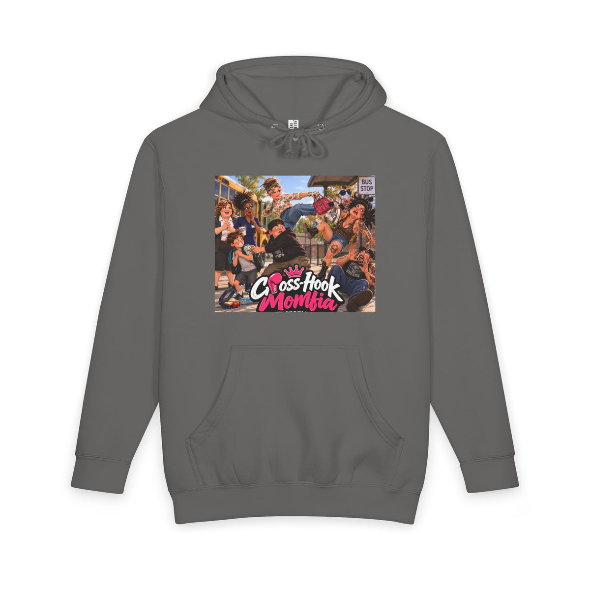 Steel gray hoodie with Cross-Hook Momfia cartoon anti-bullying graphic front