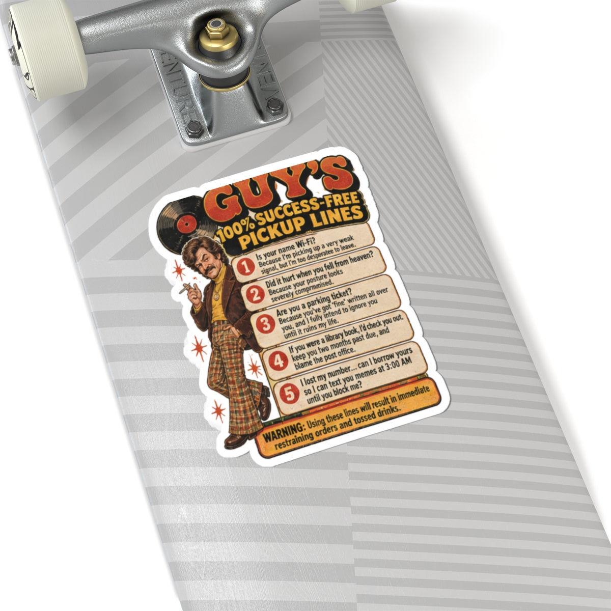 Funny retro sticker placed on a skateboard deck with bold colors