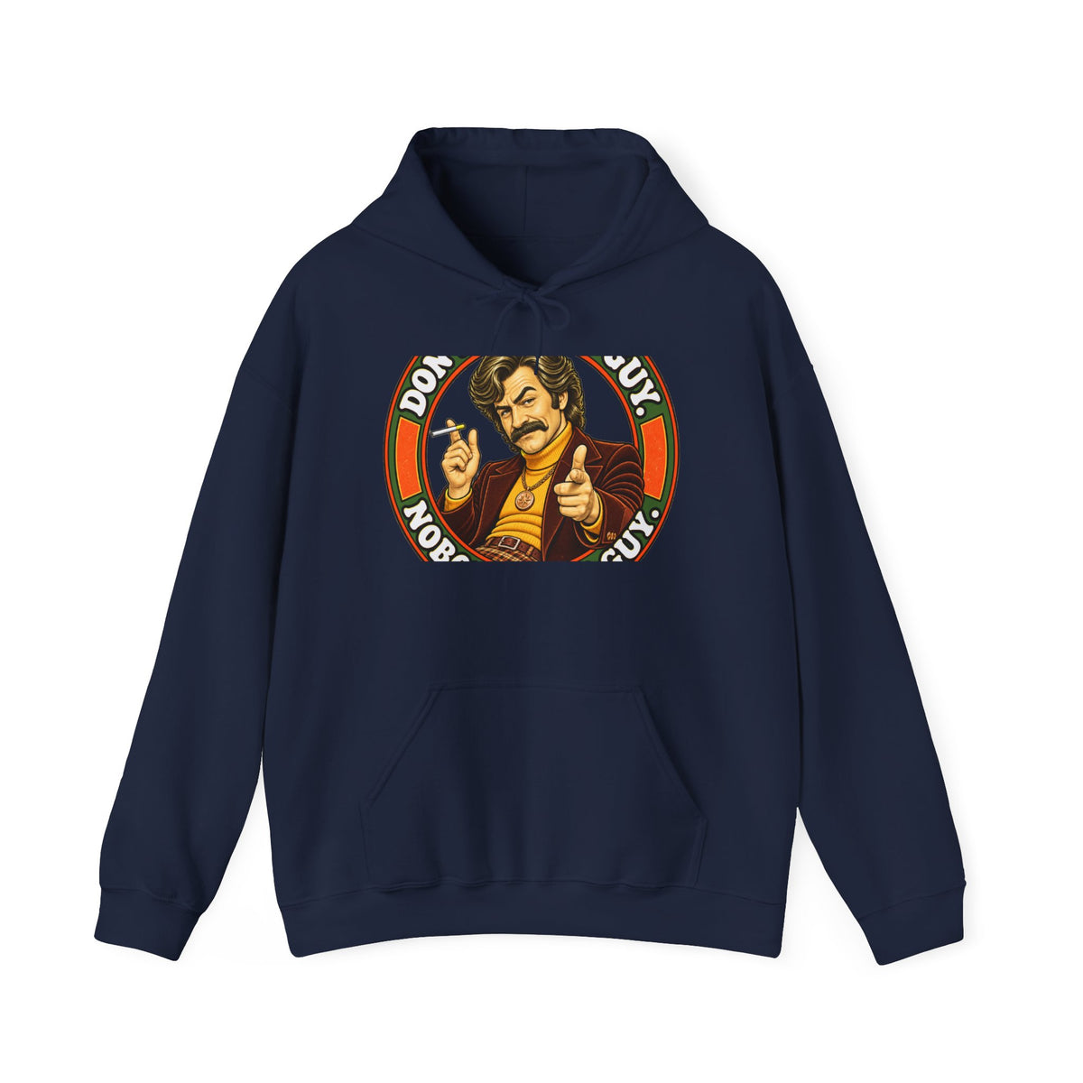 Navy blue hoodie with retro 'Don't Worry, Buy' mustached man graphic