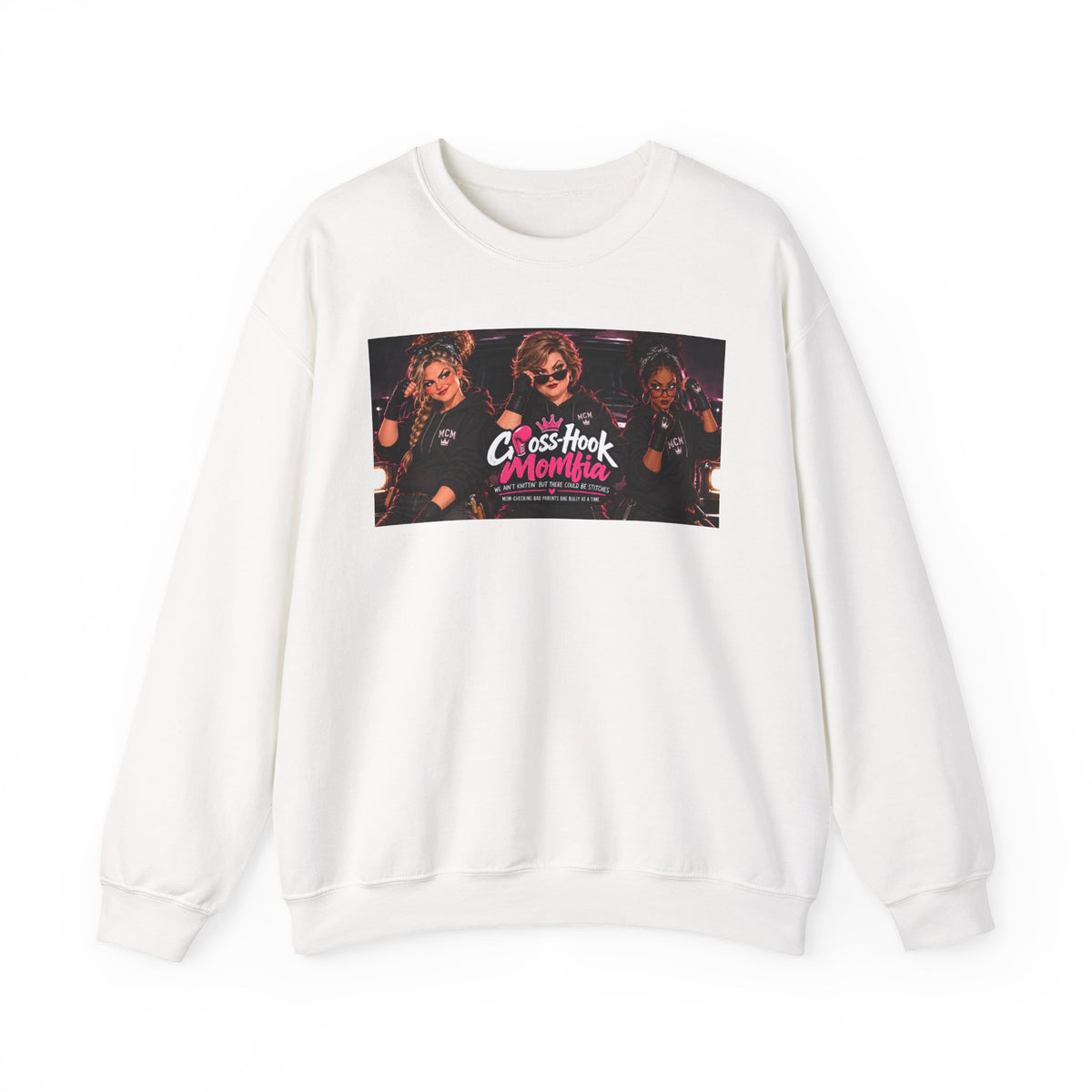 White crewneck sweatshirt with Cross-Hook Momfia retro band graphic