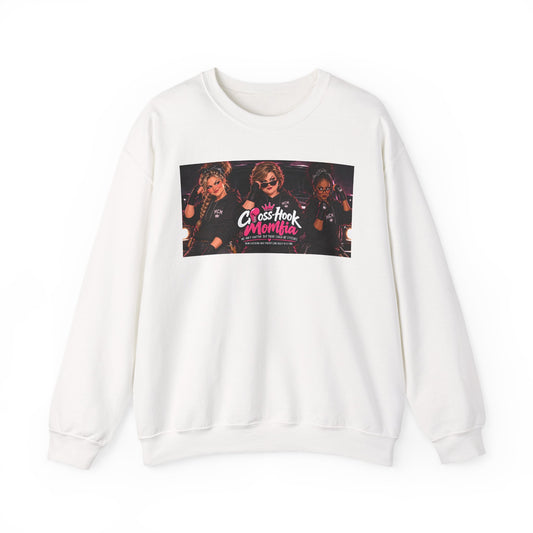 White crewneck sweatshirt with Cross-Hook Momfia retro band graphic
