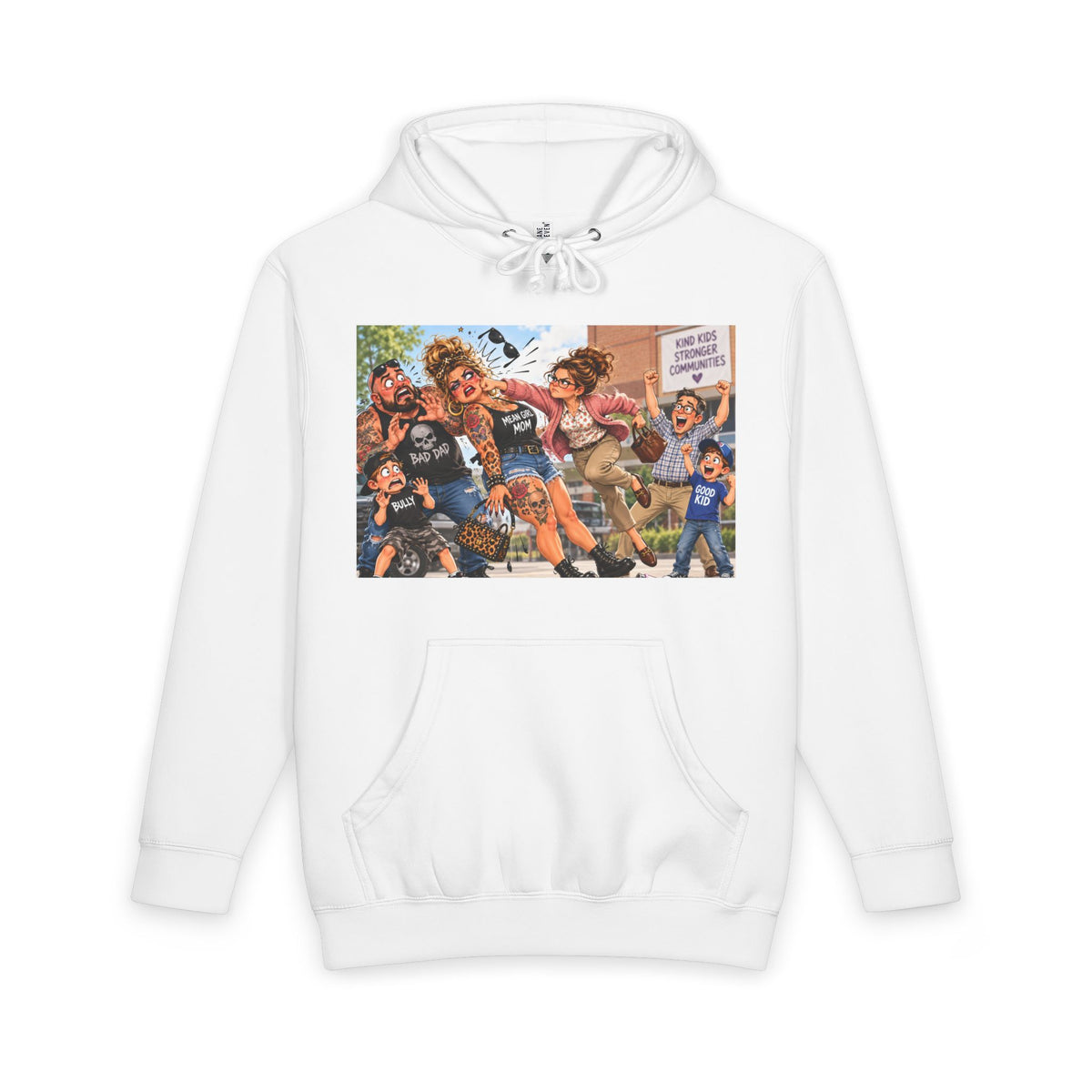 White hoodie with Cross-Hook Momfia anti-bully cartoon graphic on front