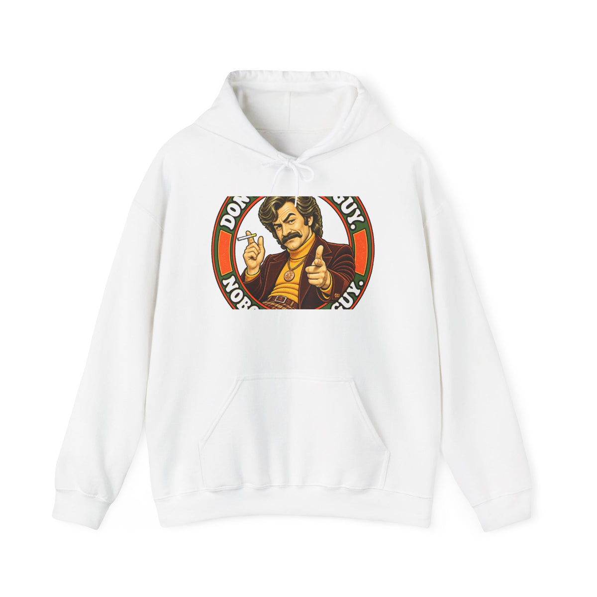 White hoodie with retro 'Don't Worry, Buy' graphic of a confident mustachioed man pointing and holding a cigarette