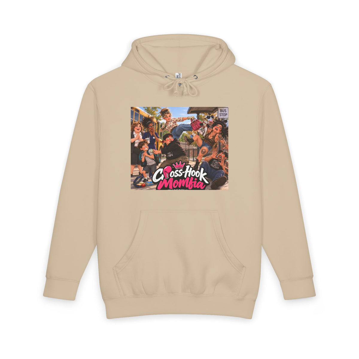 Beige hoodie with Cross-Hook Momfia cartoon anti-bullying graphic front