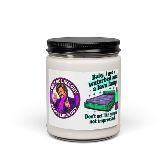 Retro-themed soy candle in reusable glass jar with 'Don't Be Like Guy' quote and cartoon