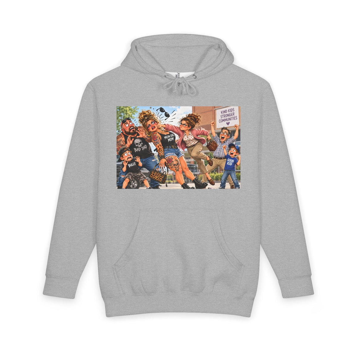 Grey hoodie with Cross-Hook Momfia anti-bully cartoon graphic on front