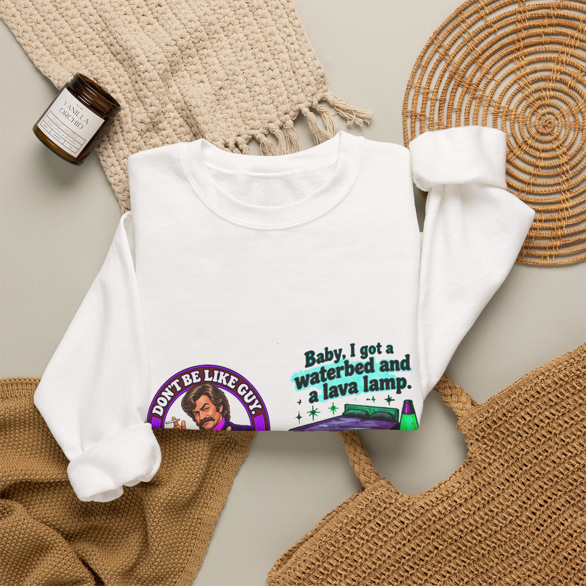 White graphic sweatshirt styled with home accessories